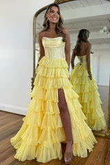 Cute Strapless A-Line Sparkly Long Layered Chiffon Prom Dress With Slit
