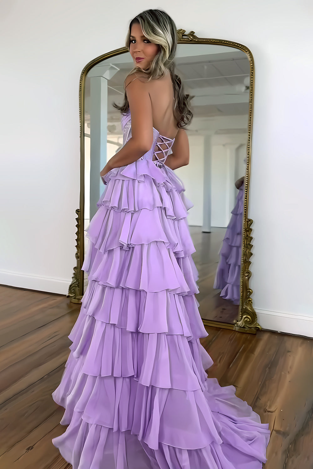 Cute Strapless A-Line Sparkly Long Layered Chiffon Prom Dress With Slit