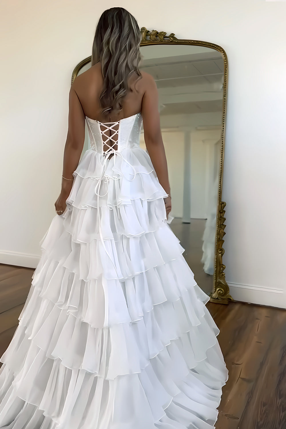 Cute Strapless A-Line Sparkly Long Layered Chiffon Prom Dress With Slit