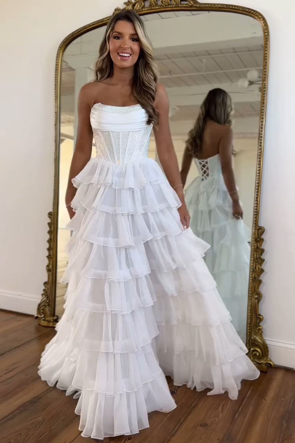 Cute Strapless A-Line Sparkly Long Layered Chiffon Prom Dress With Slit