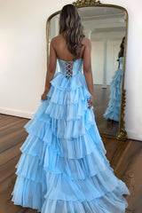 Cute Strapless A-Line Sparkly Long Layered Chiffon Prom Dress With Slit