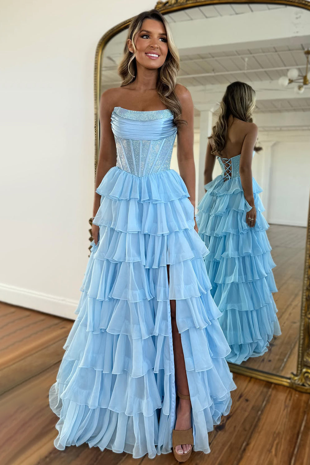 Cute Strapless A-Line Sparkly Long Layered Chiffon Prom Dress With Slit