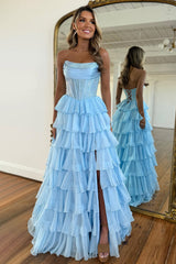 Cute Strapless A-Line Sparkly Long Layered Chiffon Prom Dress With Slit