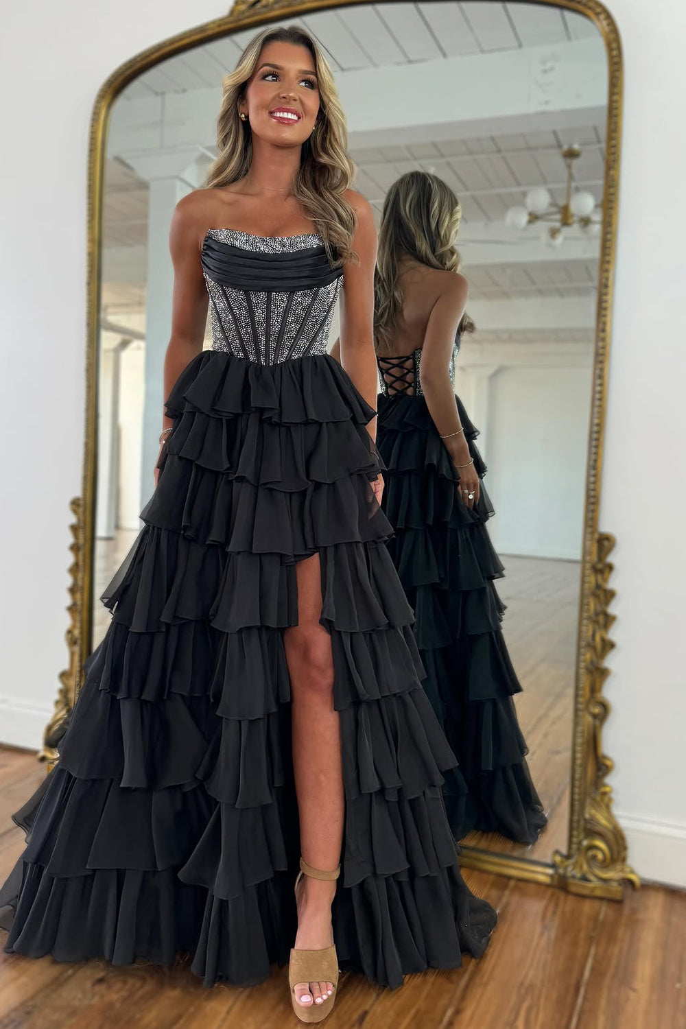 Cute Strapless A-Line Sparkly Long Layered Chiffon Prom Dress With Slit