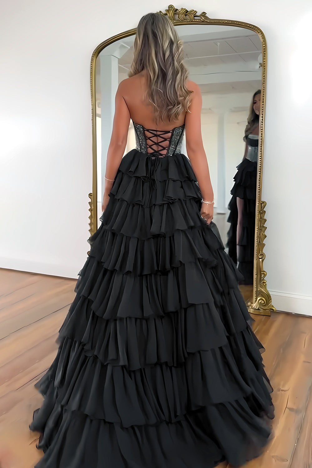 Cute Strapless A-Line Sparkly Long Layered Chiffon Prom Dress With Slit