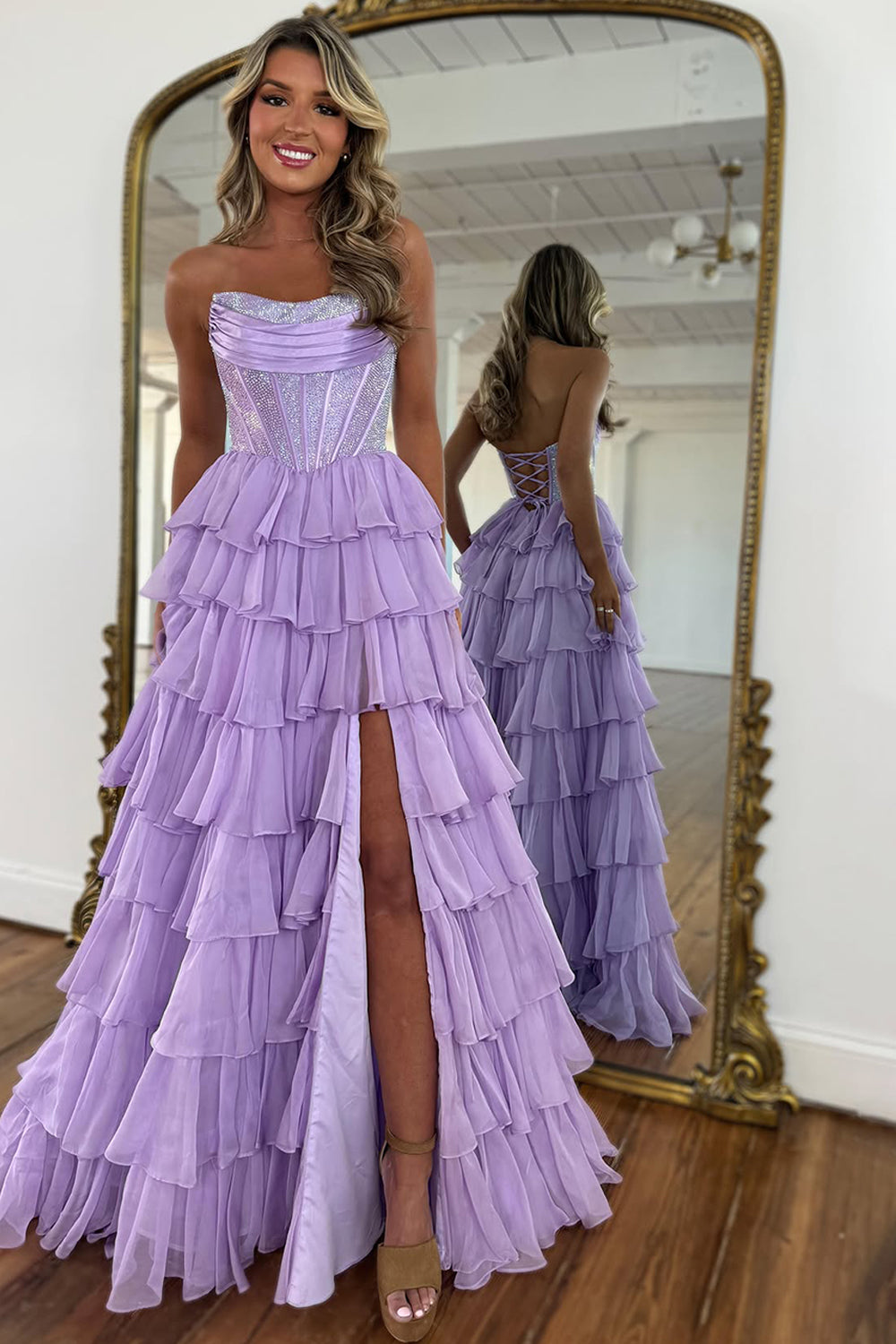 Cute Strapless A-Line Sparkly Long Layered Chiffon Prom Dress With Slit