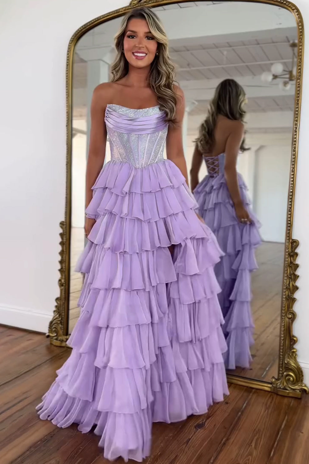 Cute Strapless A-Line Sparkly Long Layered Chiffon Prom Dress With Slit