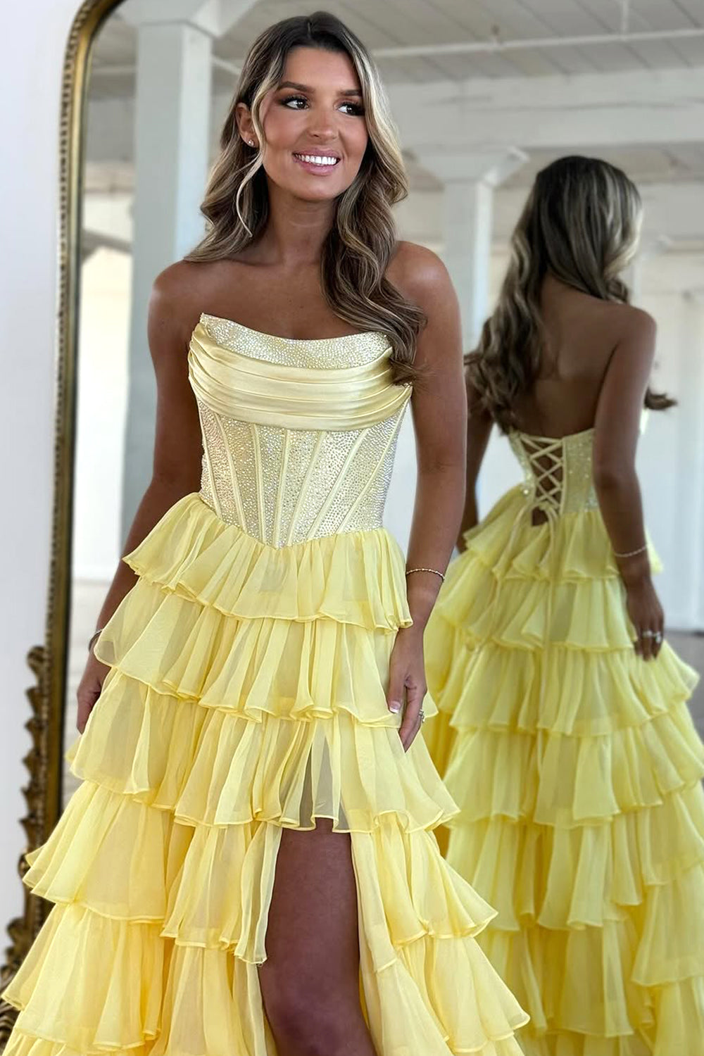 Cute Strapless A-Line Sparkly Long Layered Chiffon Prom Dress With Slit