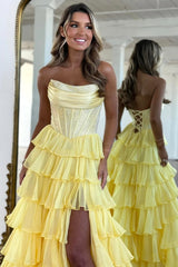 Cute Strapless A-Line Sparkly Long Layered Chiffon Prom Dress With Slit
