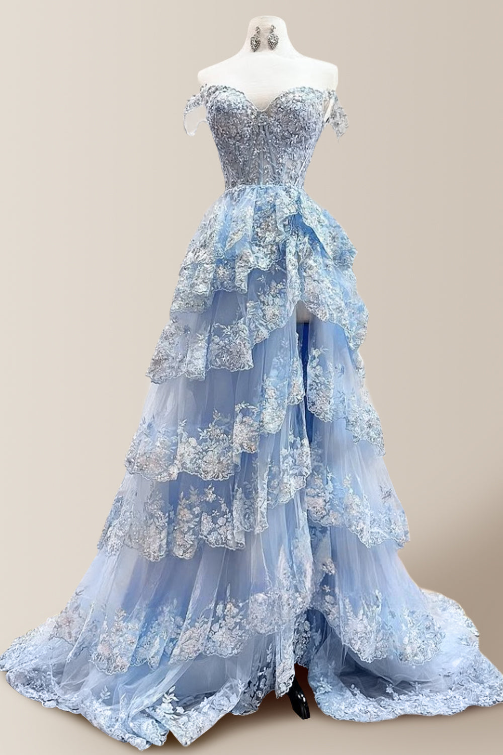 Attractive A-Line Off The Shoulder Long Tiered  Prom Dress with Sequined Appliques