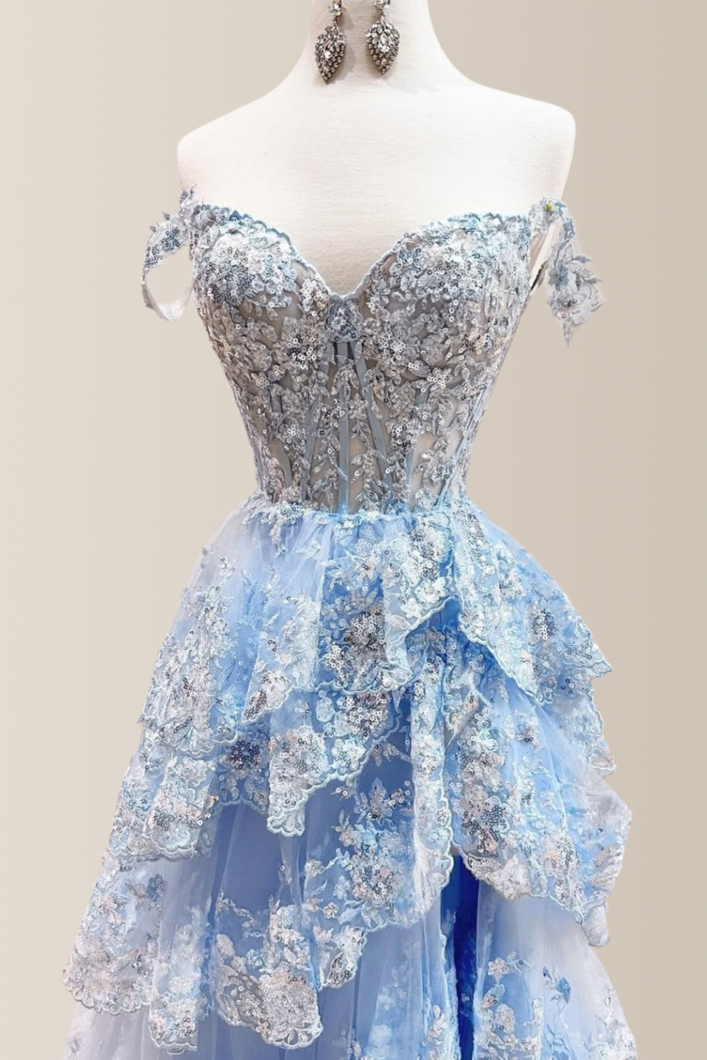 Attractive A-Line Off The Shoulder Long Tiered  Prom Dress with Sequined Appliques