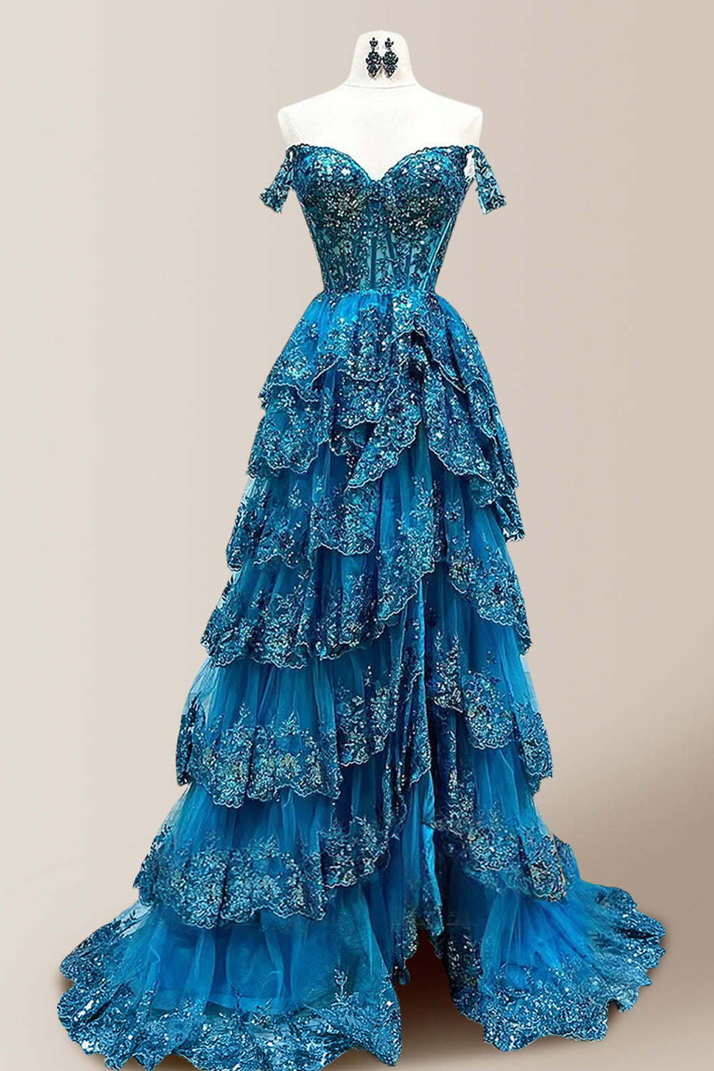 Attractive A-Line Off The Shoulder Long Tiered  Prom Dress with Sequined Appliques