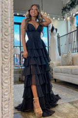 Black A-Line Spaghetti Straps Long Layered Tulle Prom Dress With Leg Slit