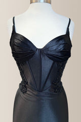 Black Bodycon Spaghetti Straps Short Satin Homecoming Dress With Appliques