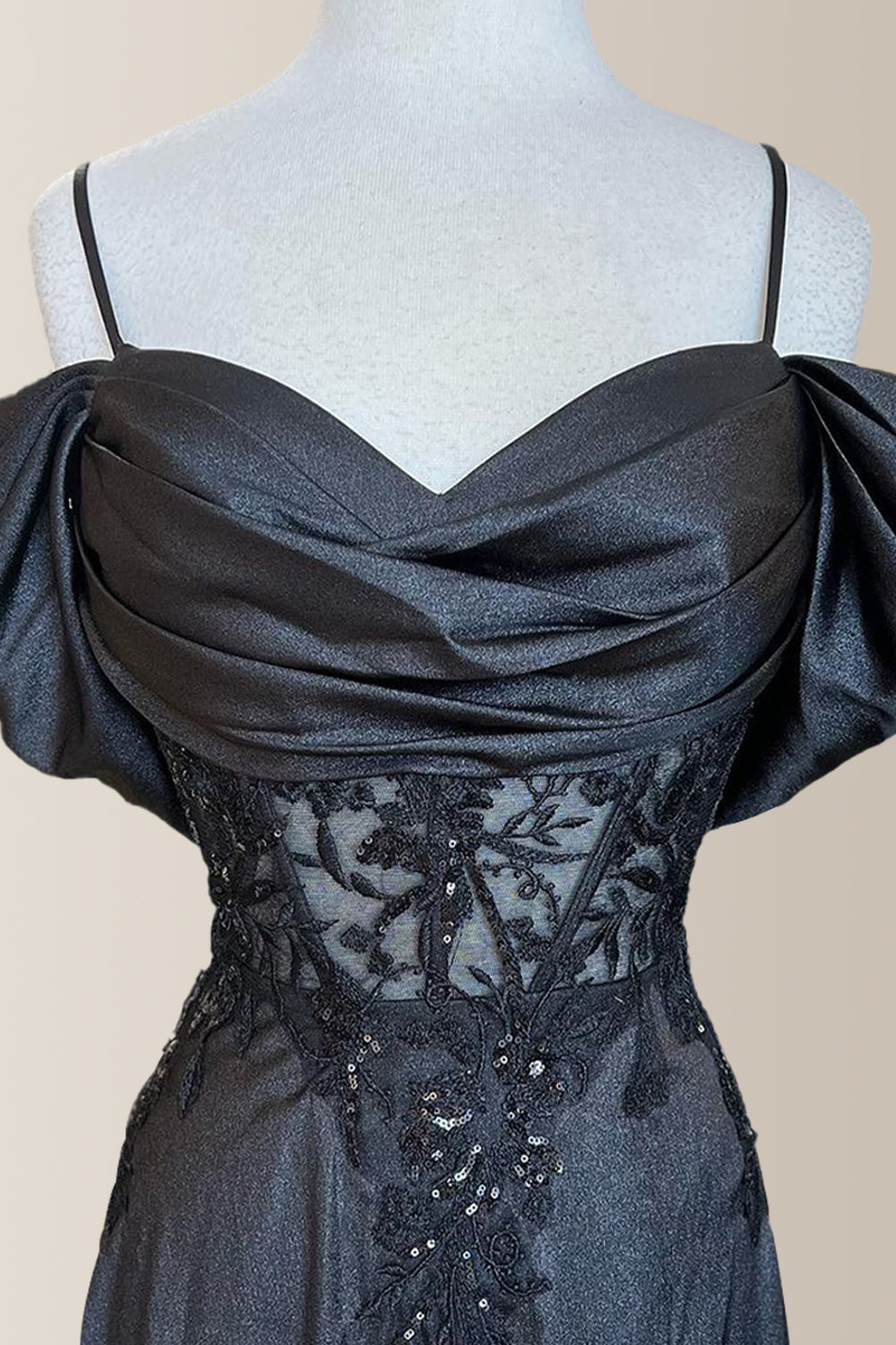 Black Sheath Off The Shoulder Long Satin Formal Dress With Appliques