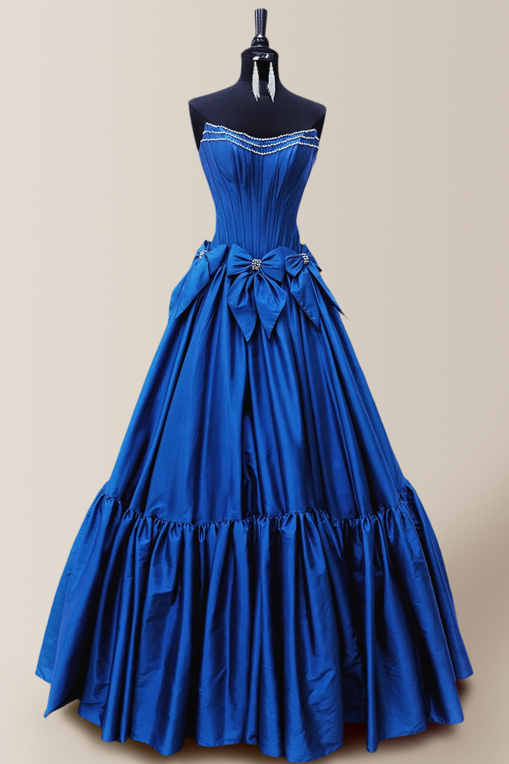 Black Princess A-Line Strapless Long Satin Prom Dress with Bowknot