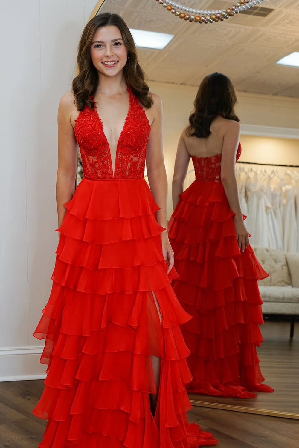 Blue A-Line Halter Neck Lace Top Long Tiered Chiffon Prom Dress With Slit