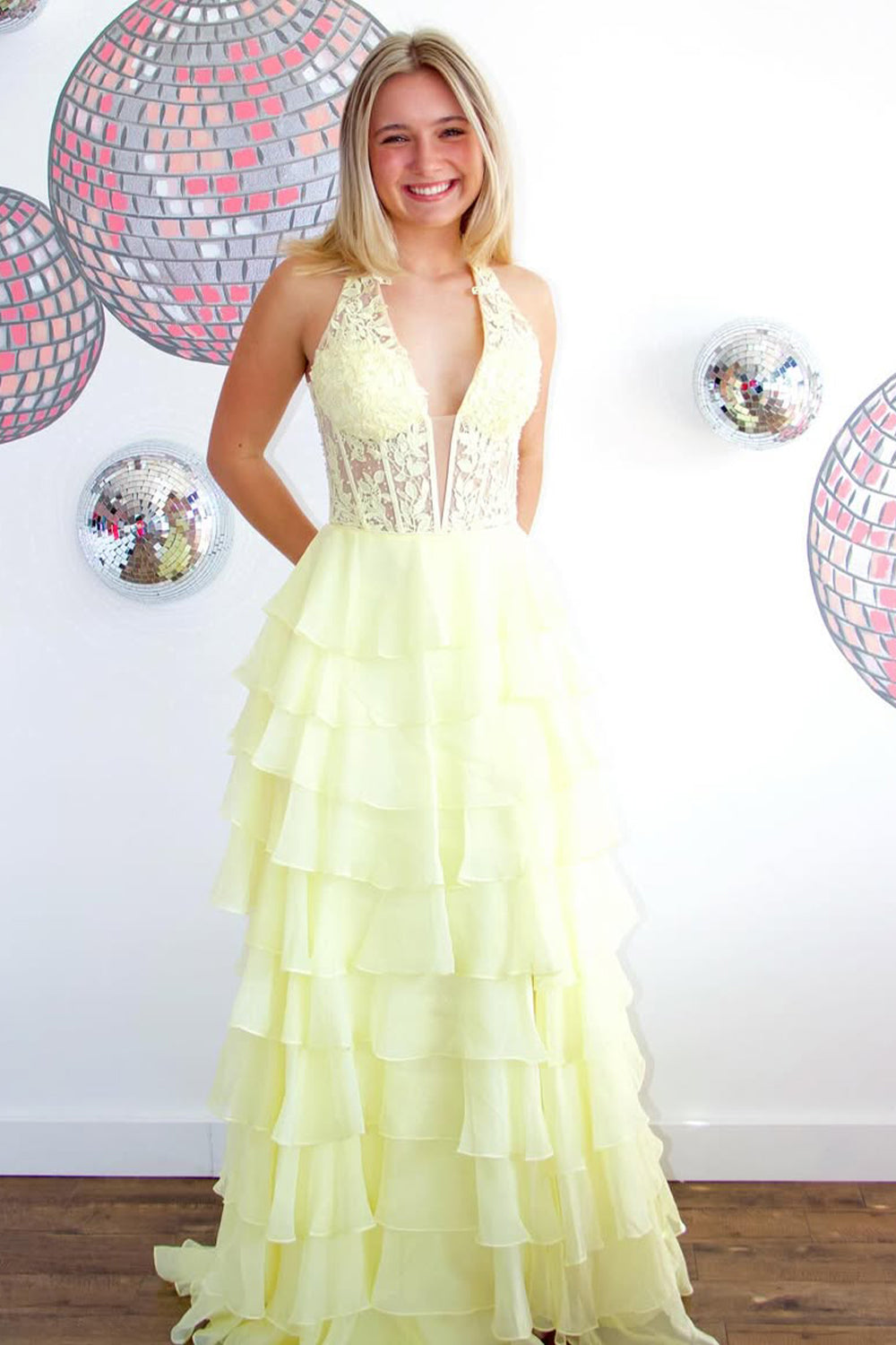 Blue A-Line Halter Neck Lace Top Long Tiered Chiffon Prom Dress With Slit