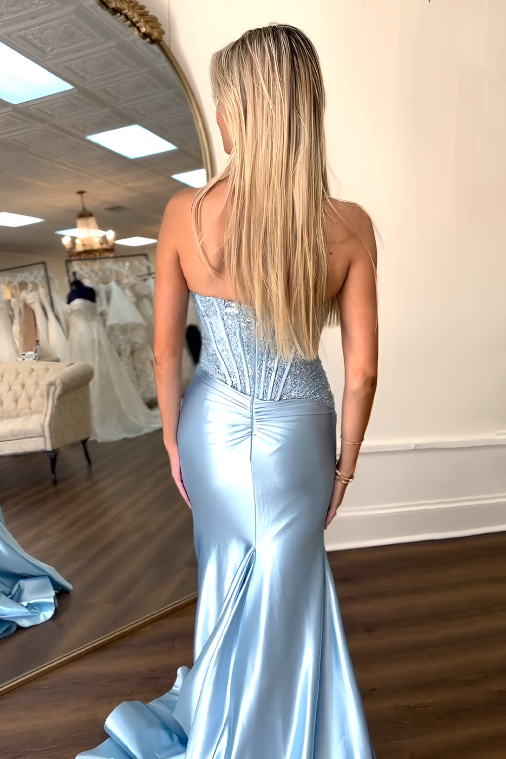 Charming Fuchsia Mermaid Strapless Lace Top Satin Prom Dress with Leg Slit