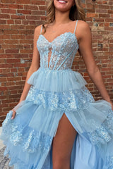 Charming Light Blue A-Line Spaghetti Straps Long Tulle Prom Dress With Appliques