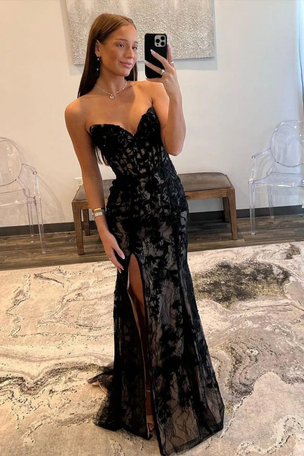 Chic Black Strapless Mermaid Sweep Train Lace Up Prom Dress With Appliques