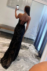 Chic Black Strapless Mermaid Sweep Train Lace Up Prom Dress With Appliques