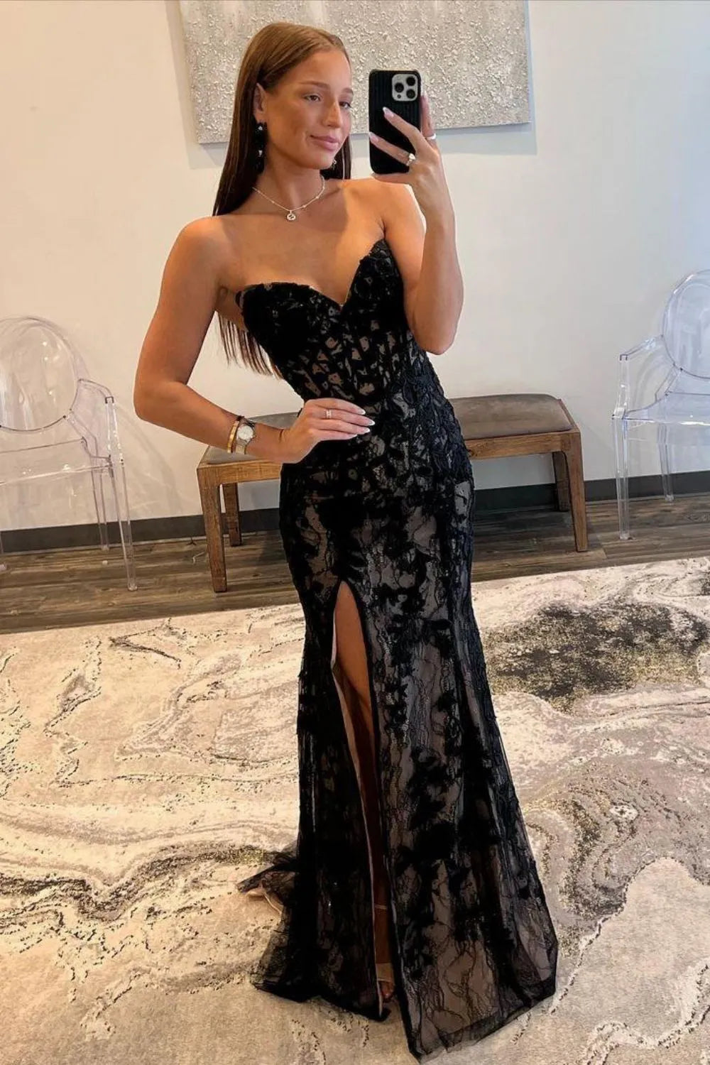 Chic Black Strapless Mermaid Sweep Train Lace Up Prom Dress With Appliques