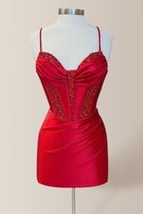 Cute Red Bodycon Spaghetti Straps Short Satin Homecoming Dress With Sequin