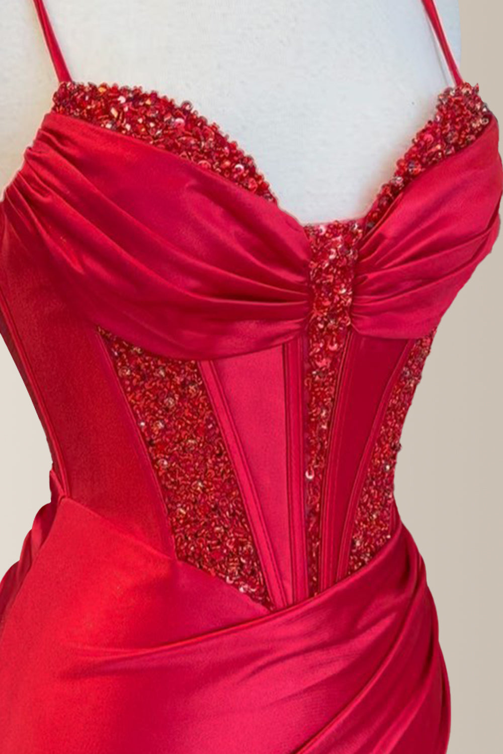 Cute Red Bodycon Spaghetti Straps Short Satin Homecoming Dress With Sequin