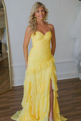 Cute Yellow Mermaid Sweetheart Long Ruffle Tulle Prom Dress with Slit