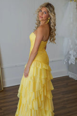 Cute Yellow Mermaid Sweetheart Long Ruffle Tulle Prom Dress with Slit