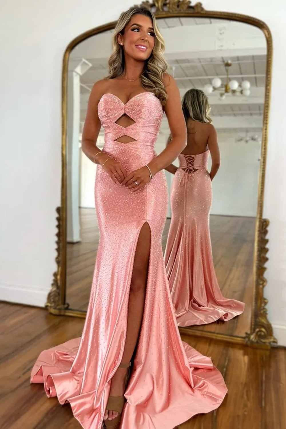 Cute Yellow Mermaid Sweetheart Long Beaded Prom Party Dress with Slit