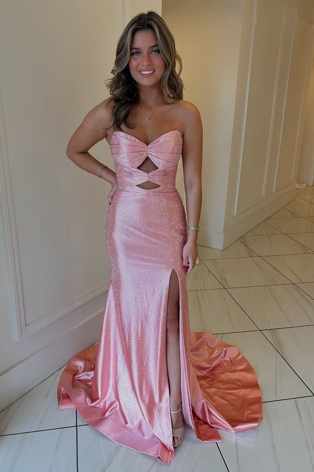 Cute Yellow Mermaid Sweetheart Long Beaded Prom Party Dress with Slit
