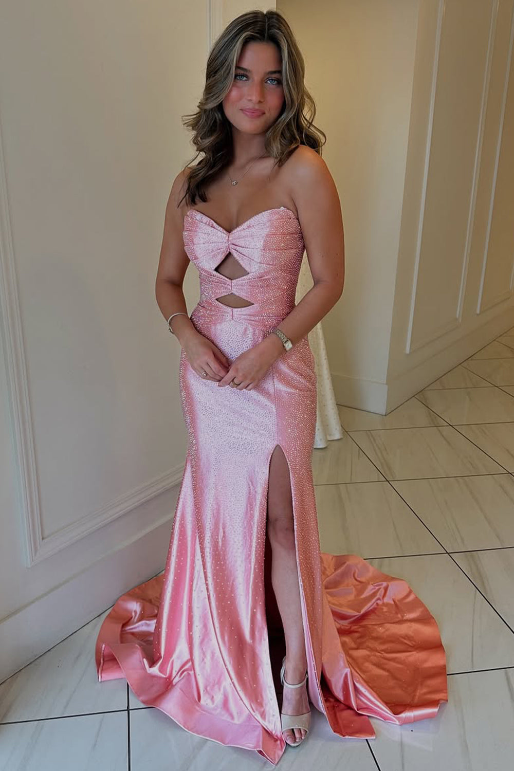 Cute Yellow Mermaid Sweetheart Long Beaded Prom Party Dress with Slit