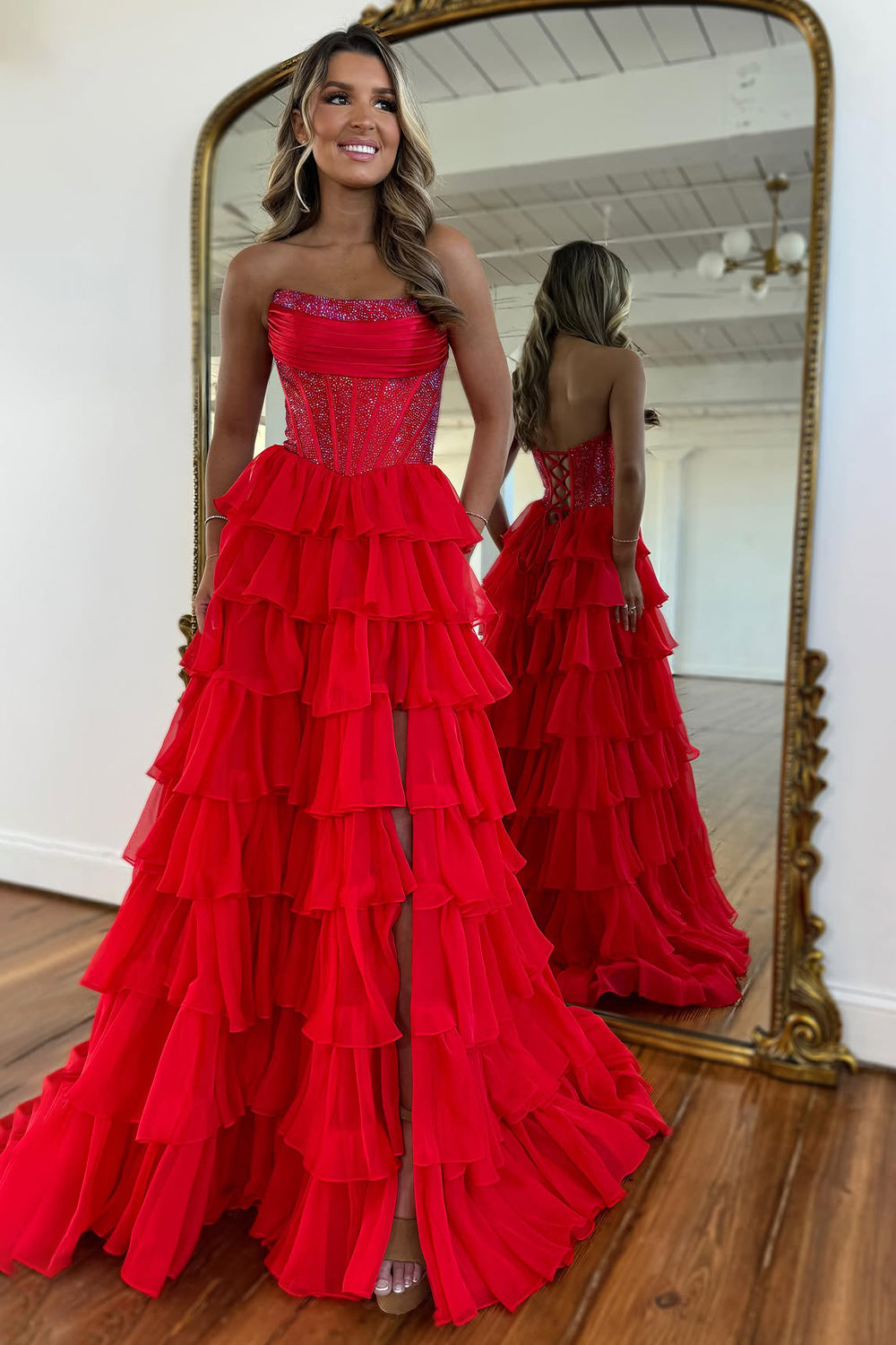 Cute Strapless A-Line Sparkly Long Layered Chiffon Prom Dress With Slit