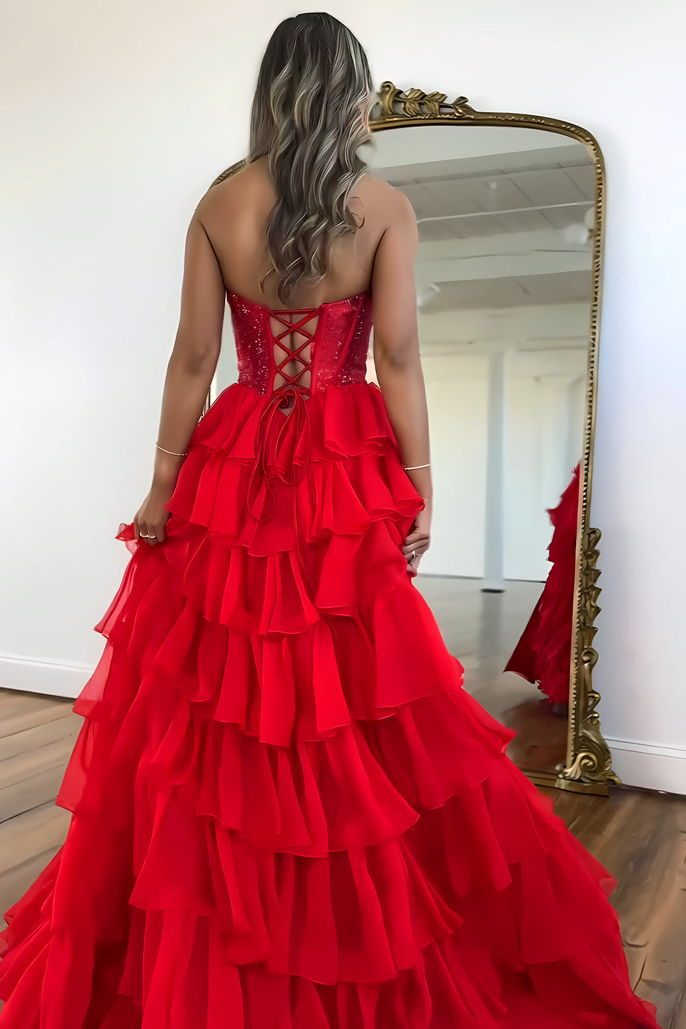 Cute Strapless A-Line Sparkly Long Layered Chiffon Prom Dress With Slit