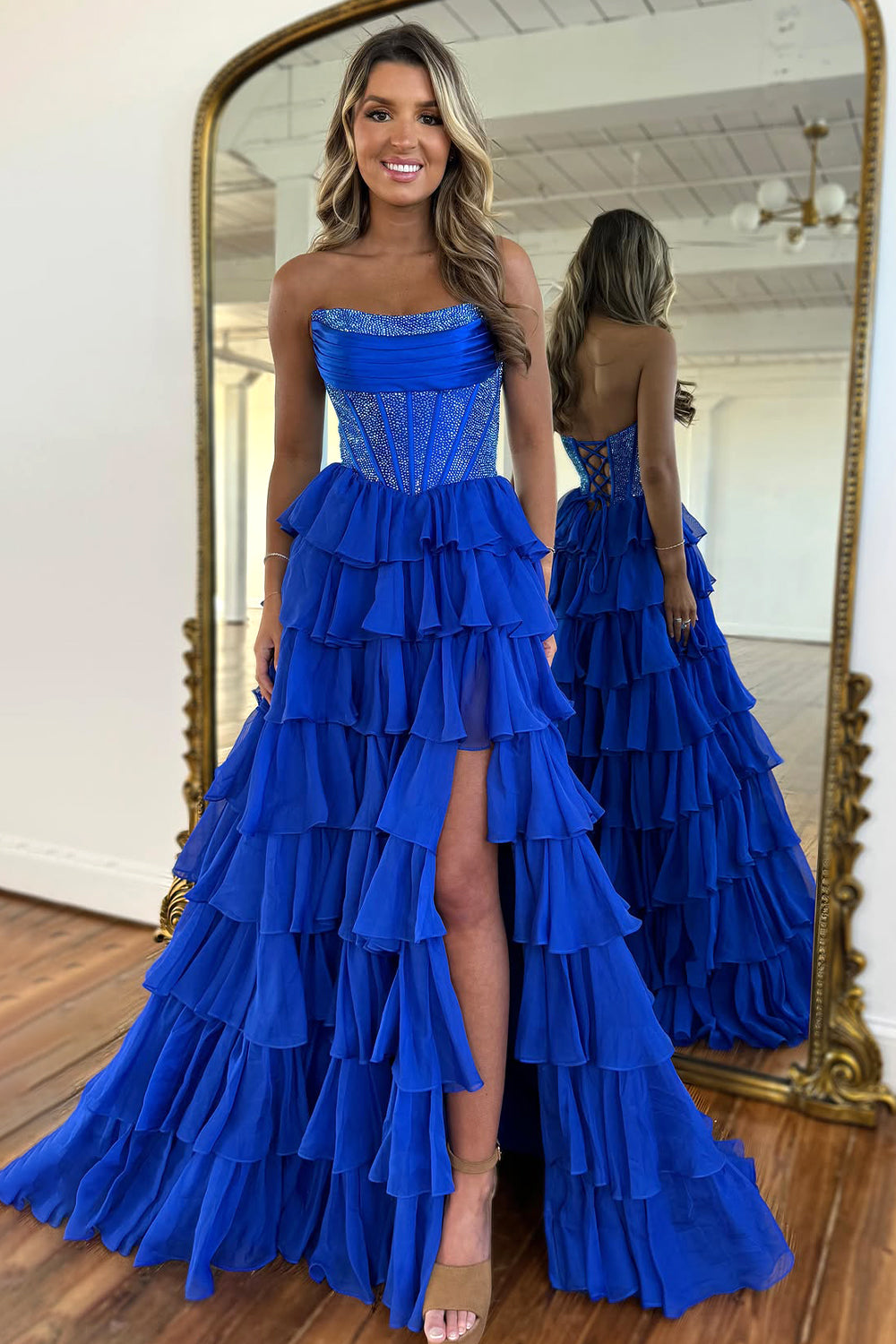 Cute Strapless A-Line Sparkly Long Layered Chiffon Prom Dress With Slit