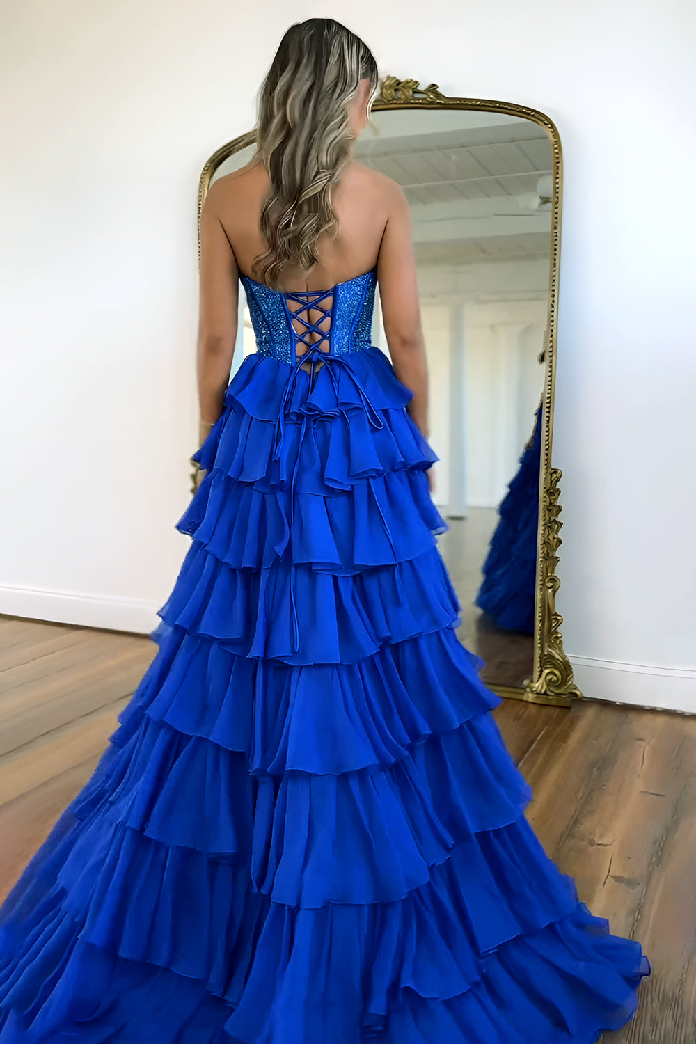 Cute Strapless A-Line Sparkly Long Layered Chiffon Prom Dress With Slit