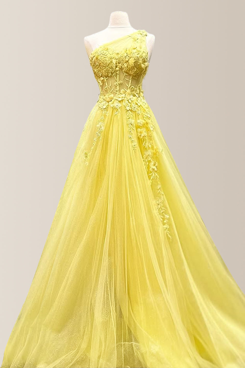 Dreamy Yellow A-Line One Shoulder Long Tulle Prom Dress with Appliques