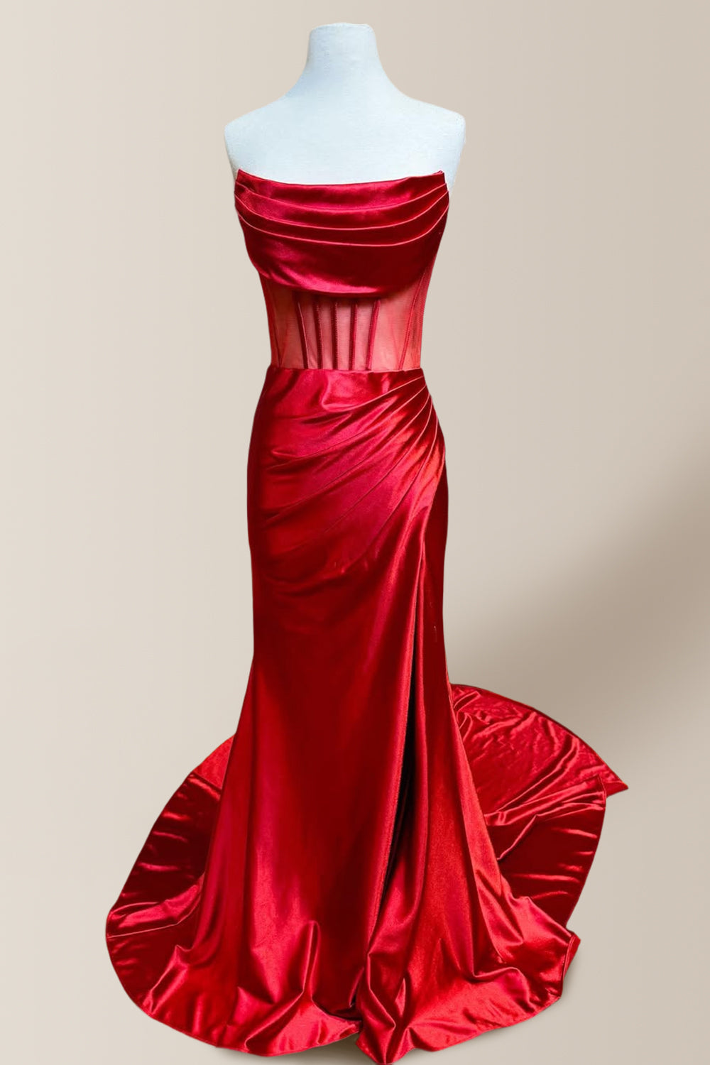 Elegant Mermaid Strapless Long Satin Prom Dress with Pleating and Slit