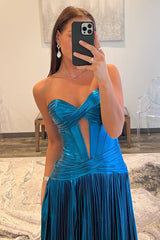 Peacock Blue Sweetheart Long Metallic A-Line Prom Dress With Leg Slit