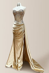 Gold Mermaid Spaghetti Straps Long Satin Prom Dress with Appliques