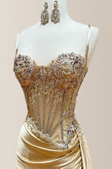 Gold Mermaid Spaghetti Straps Long Satin Prom Dress with Appliques