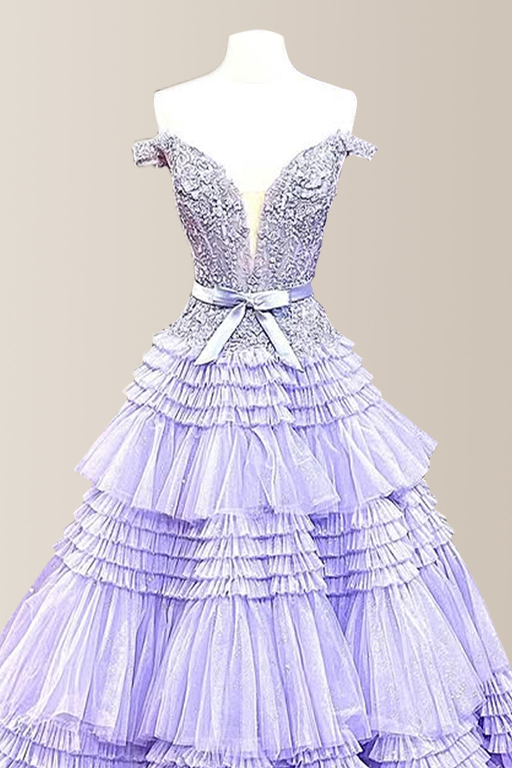Gorgeous A-Line Off The Shoulder Lace Top Long Tiered Tulle Prom Dress