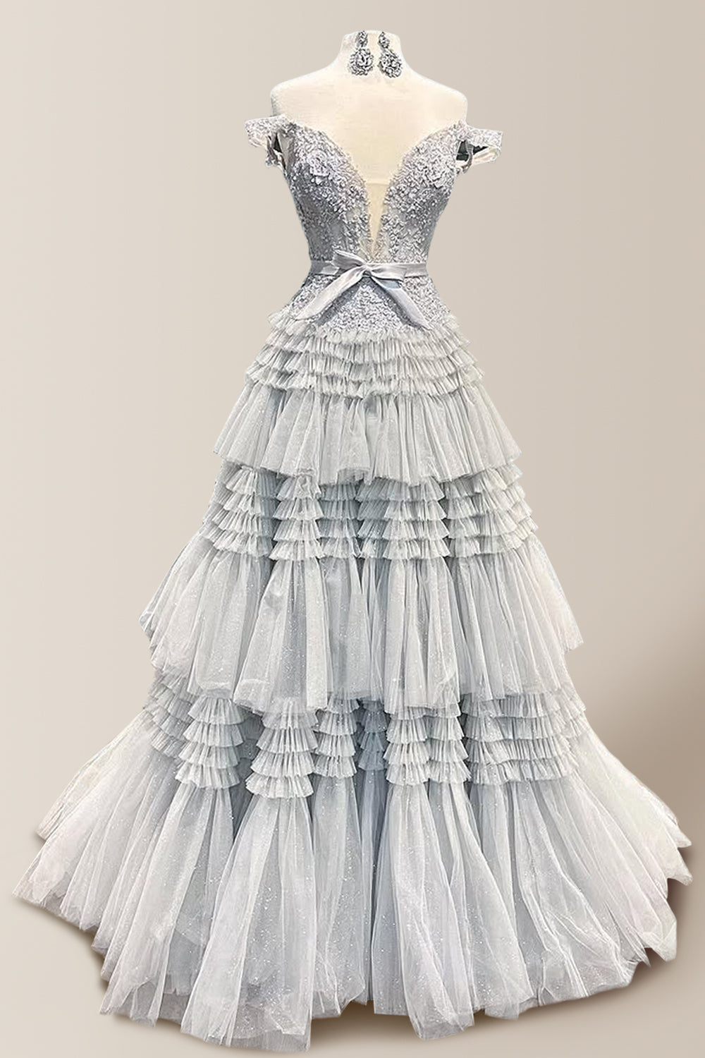 Gorgeous A-Line Off The Shoulder Lace Top Long Tiered Tulle Prom Dress