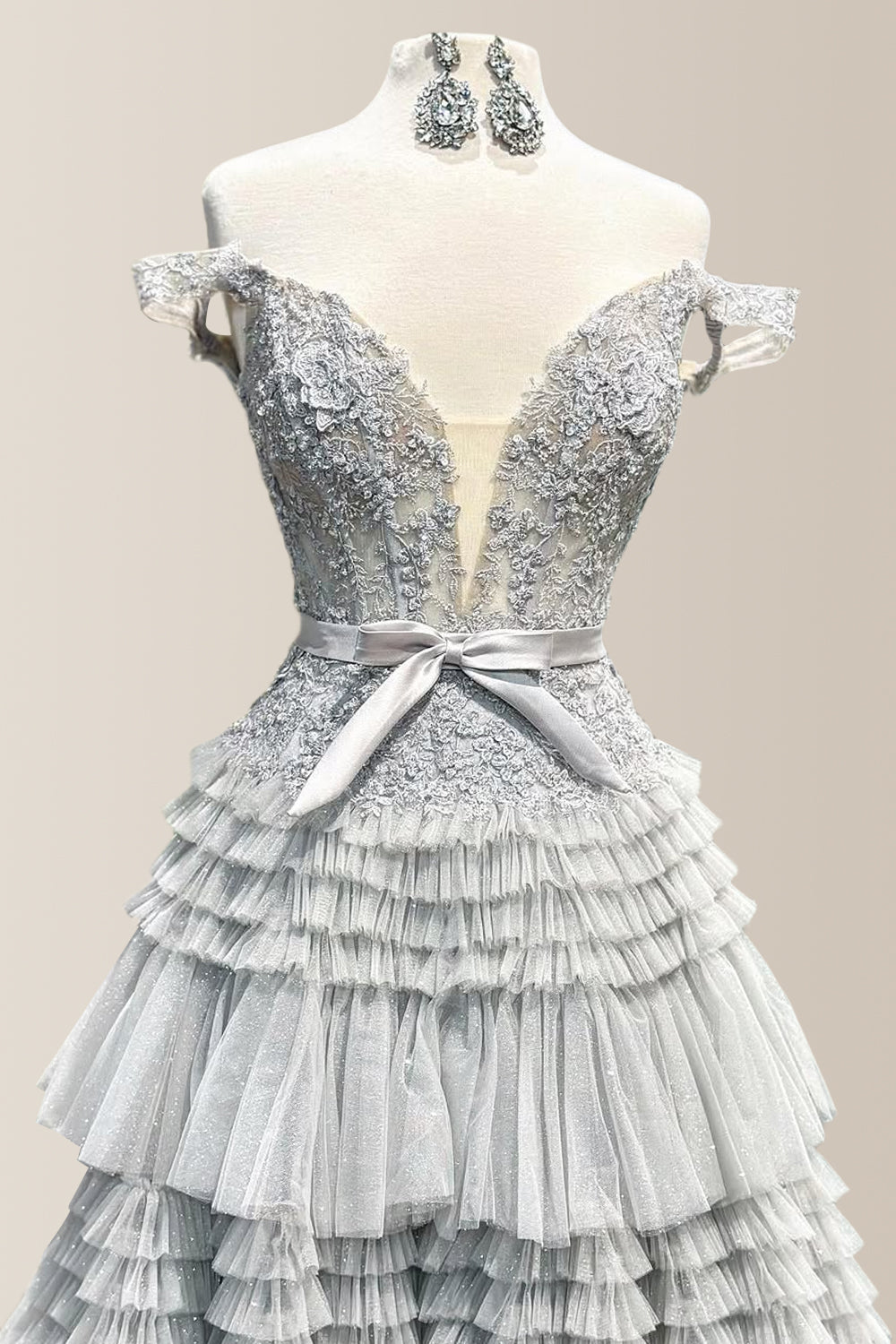 Gorgeous A-Line Off The Shoulder Lace Top Long Tiered Tulle Prom Dress