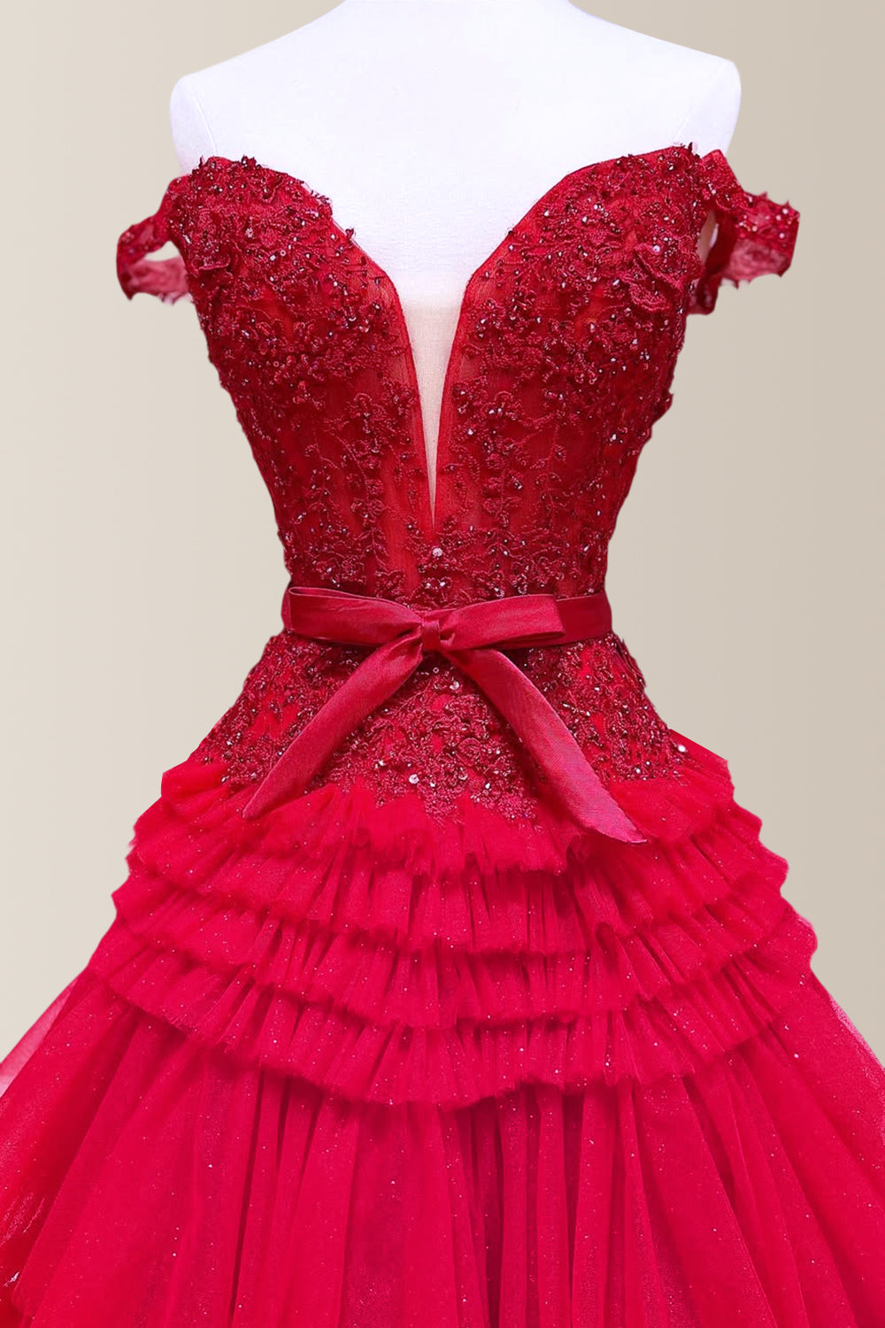 Gorgeous A-Line Off The Shoulder Lace Top Long Tiered Tulle Prom Dress