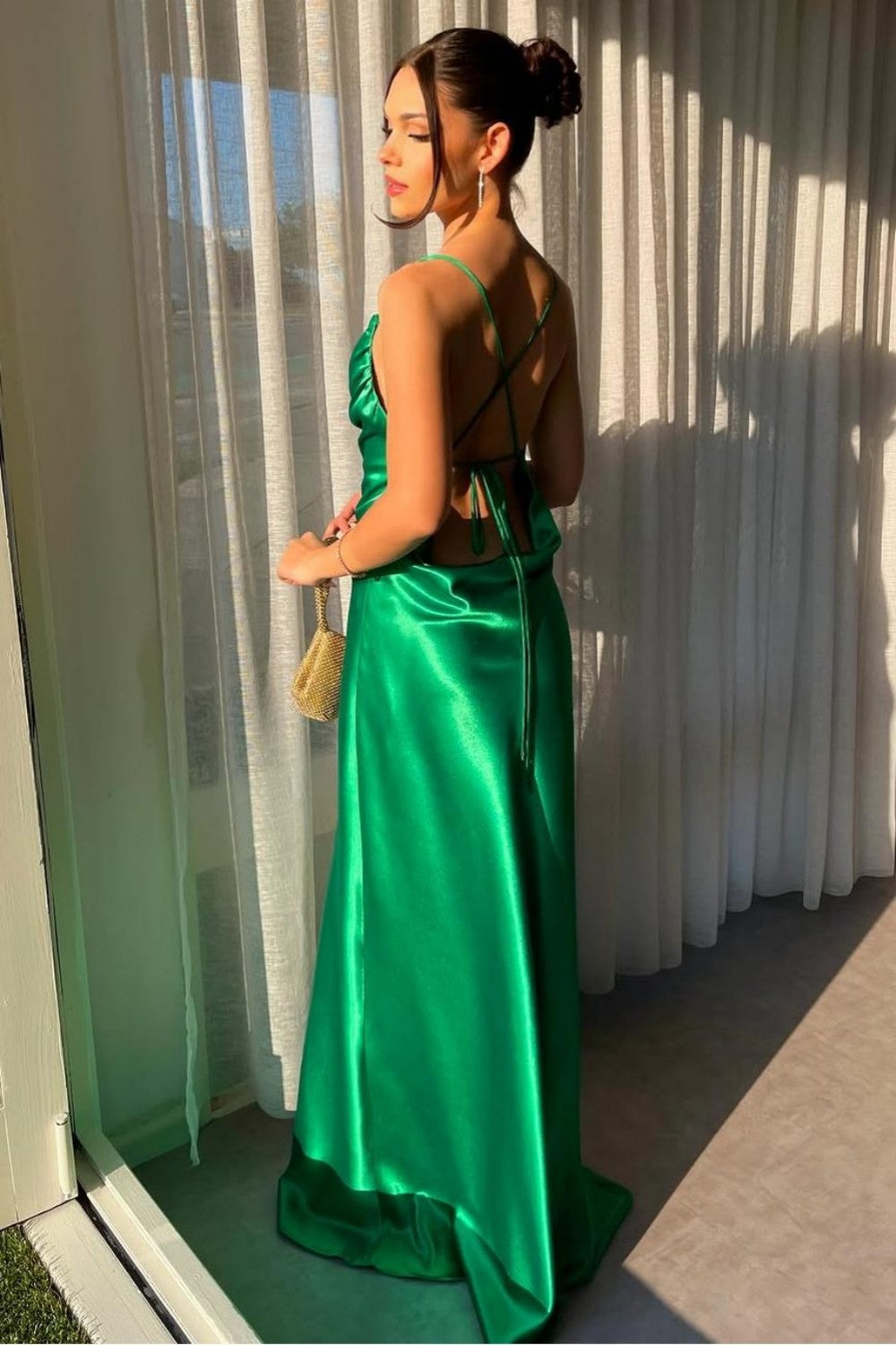 Green Mermaid Spaghetti Straps Lace Up Long Satin Prom Dress