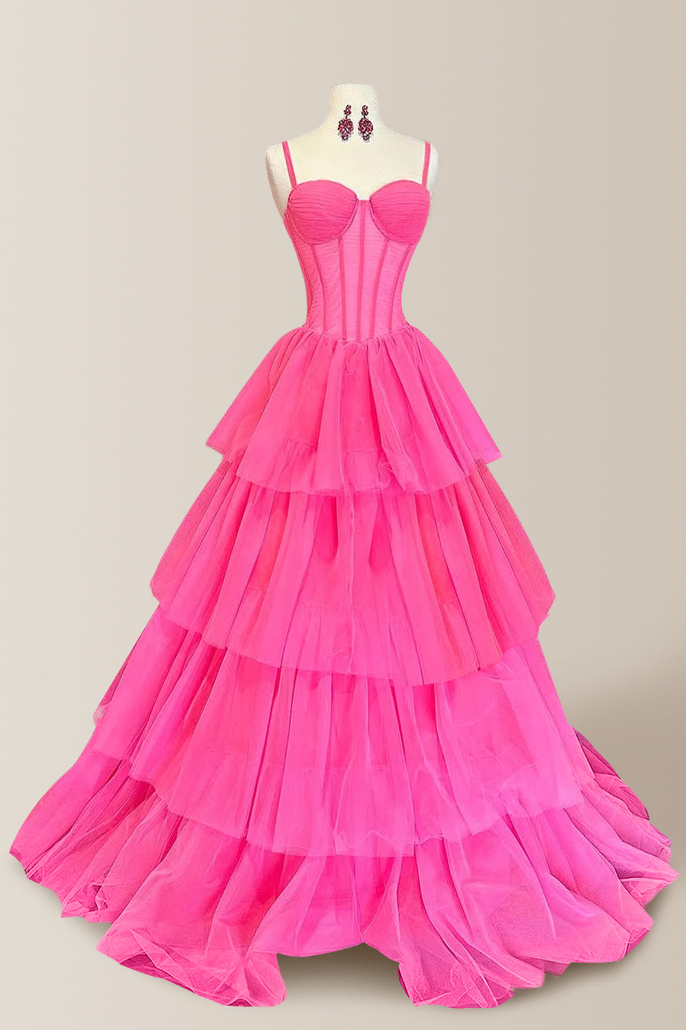 Hot Pink A-Line Spaghetti Straps Long Tiered Tulle Prom Dress