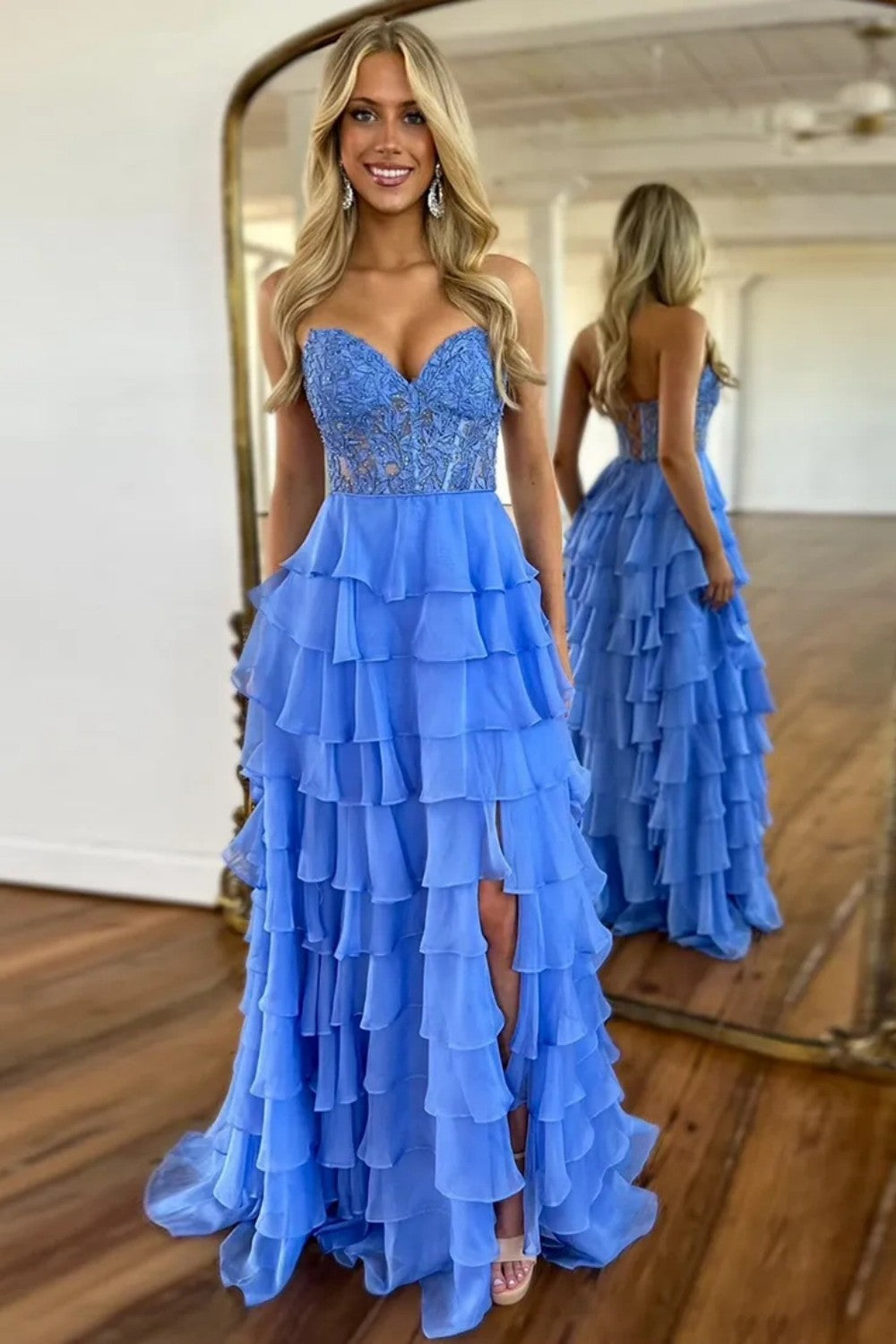 Cute Yellow A-Line Sweetheart  Long Tiered Chiffon Prom Dress with Leg Slit